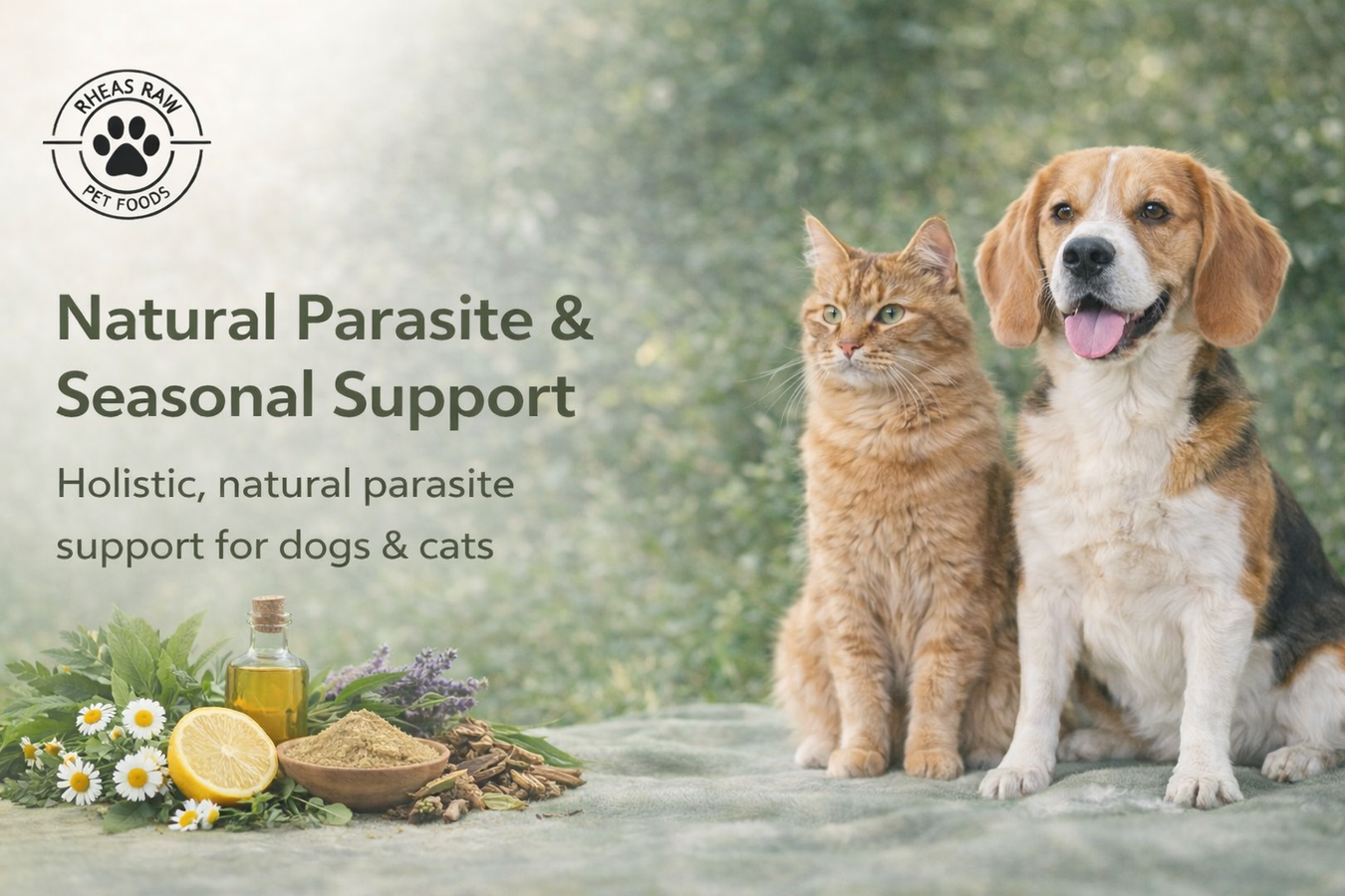 Natural parasite support supplements for dogs and cats with herbal ingredients on a soft green seasonal background