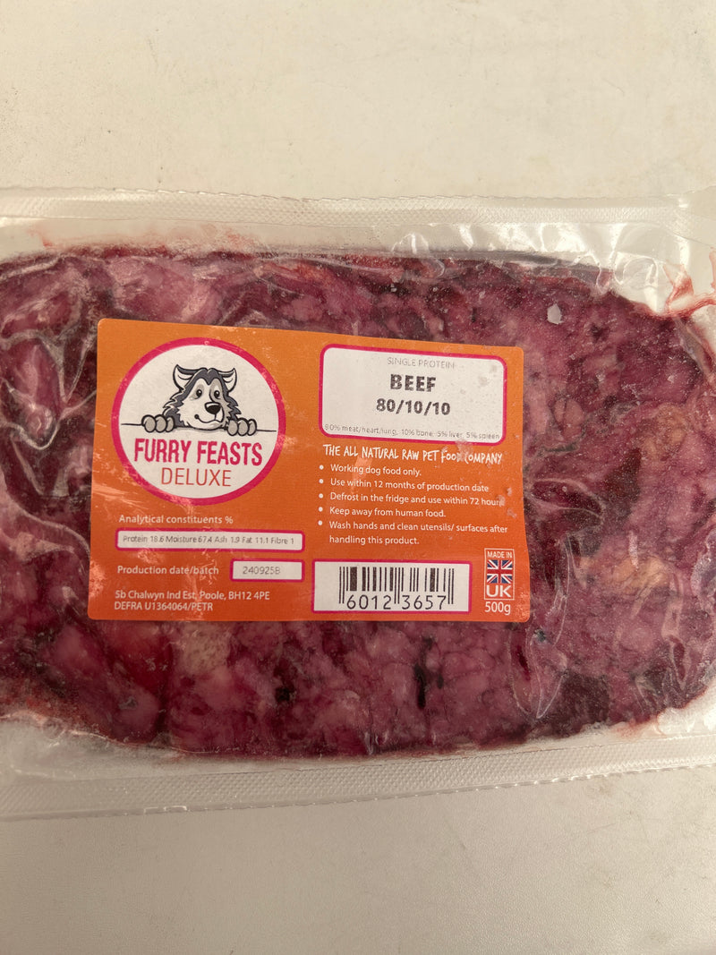 Furry Feasts Deluxe Beef 80/10/10 Raw Dog Food 500g | RheasRaw