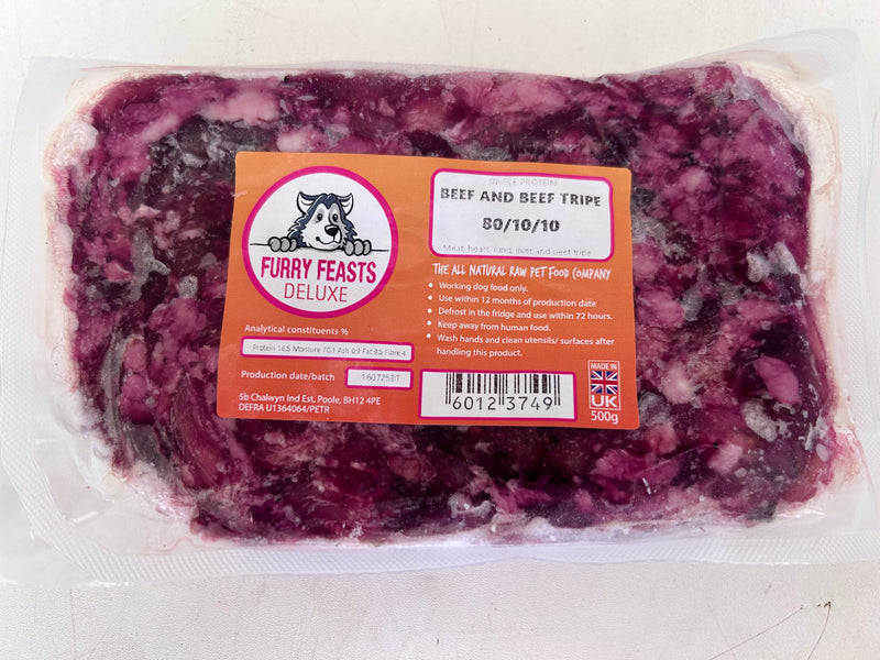 Furry Feasts Deluxe Beef & Beef Tripe 80/10/10 Raw Dog Food 500g | RheasRaw