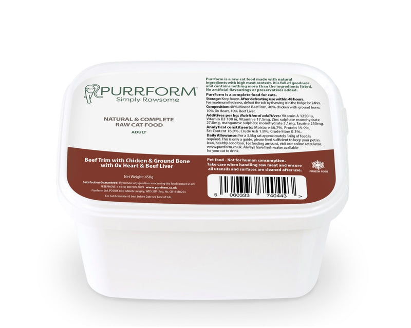 Purrform Beef Trim with Chicken & Ground Bone with Ox Heart & Beef Liver 450g