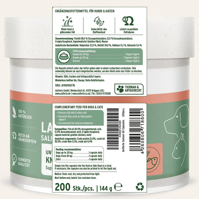 AniForte Salmon Oil 200 Capsules for Dogs & Cats - Natural Omega-3 EPA